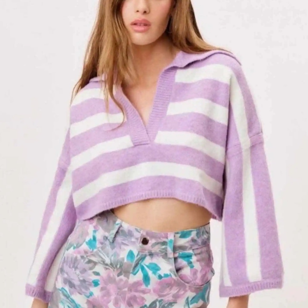 Cropped Striped Boxy Polo Sweater by For Love and Lemons